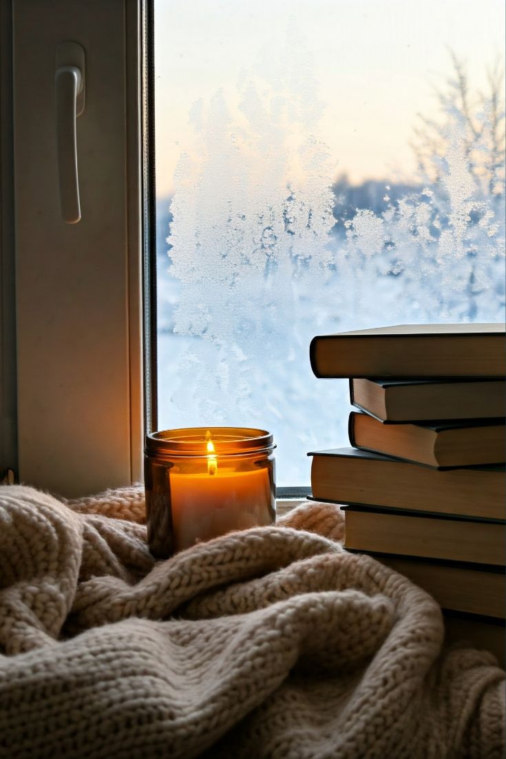 Cosy winter reading space with soft candlelight and icy window view