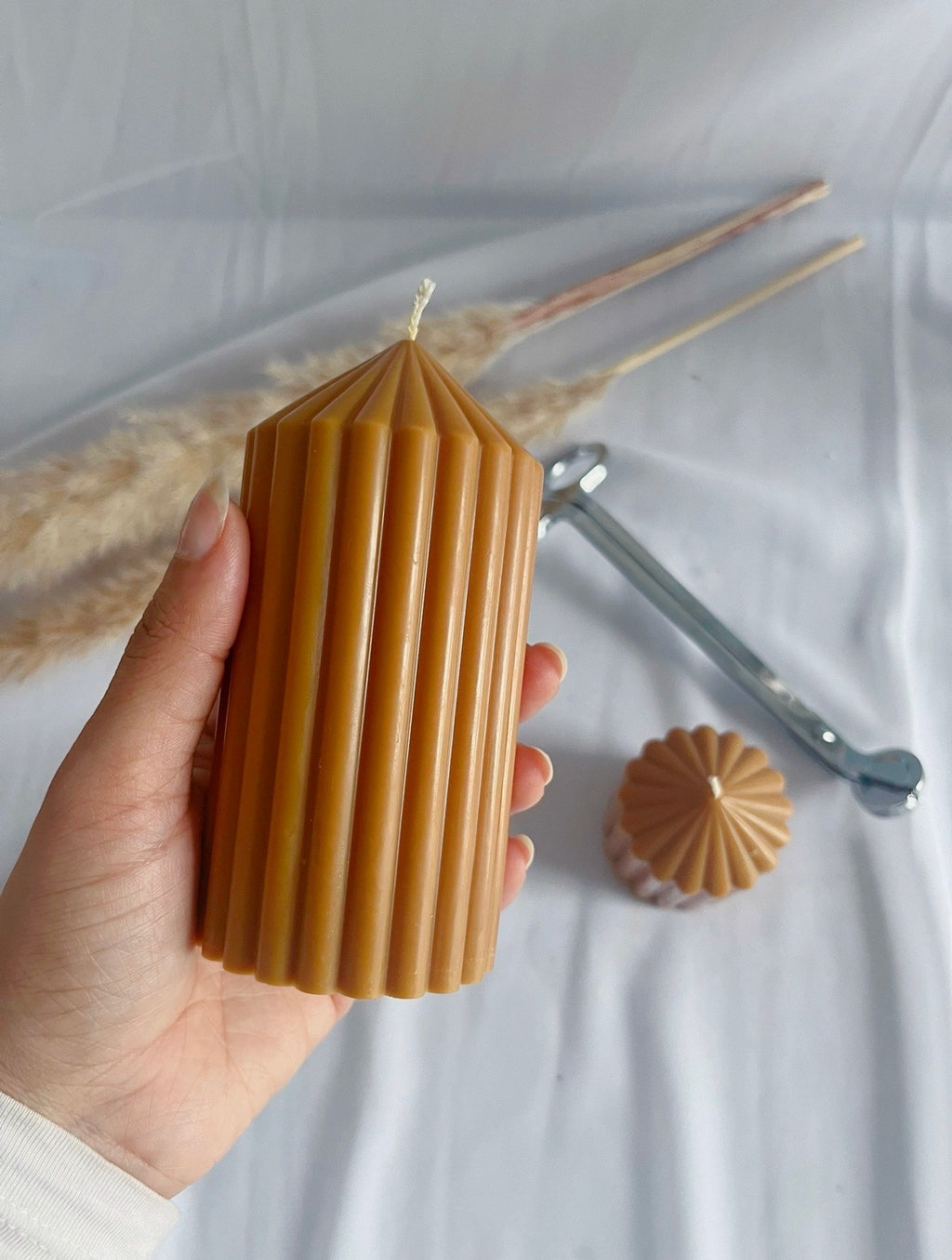 CARAMEL Ribbed Pillar Candles