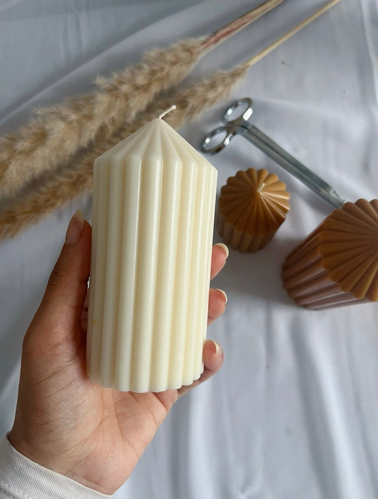 CREAM Ribbed Pillar Candles - Decorative Candles,